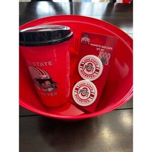 NWT Ohio State Buckeyes Gift basket, Bowl, Tumbler, Magnetic Bag Clips set